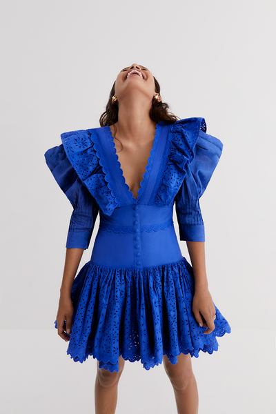 Viktoria Organic Cotton Broderie Mini Dress | Lapis Blue