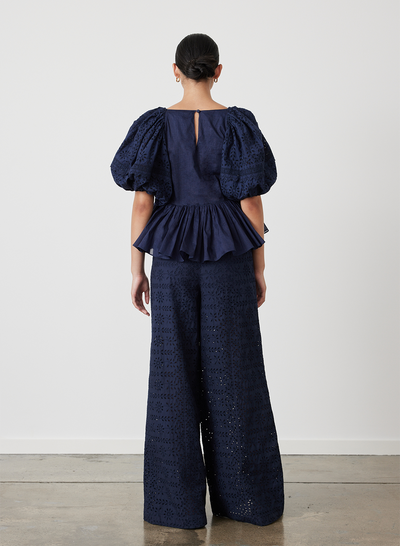 Sophia Organic Cotton Broderie Palazzo Pant | Midnight