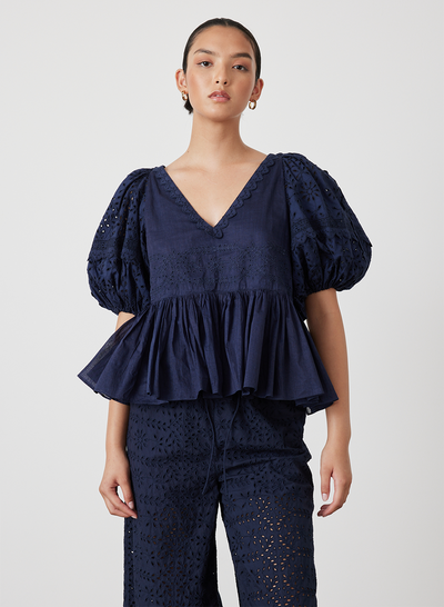 Karina Organic Cotton Broderie Smock Top | Midnight