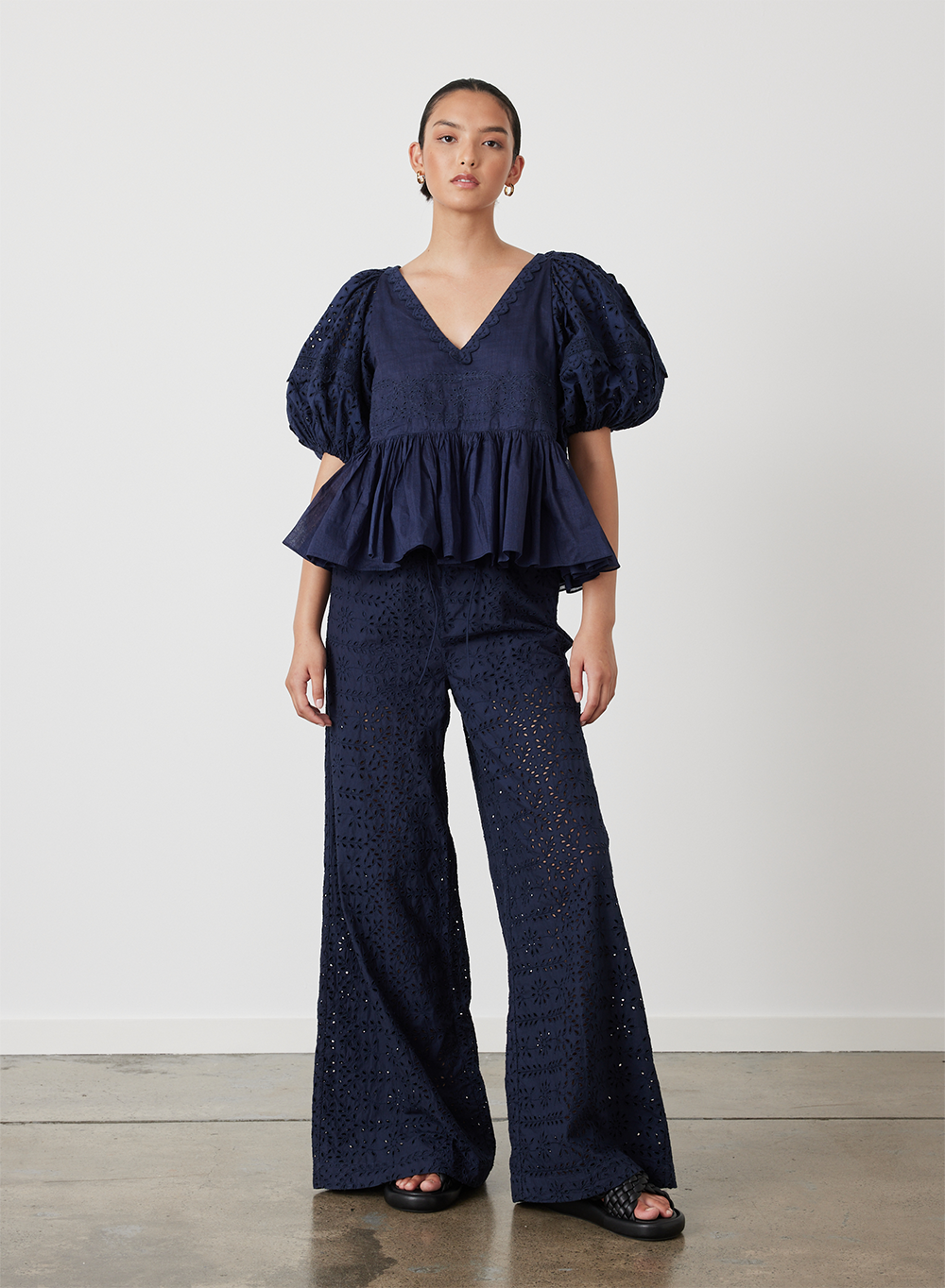 Sophia Organic Cotton Broderie Palazzo Pant | Midnight