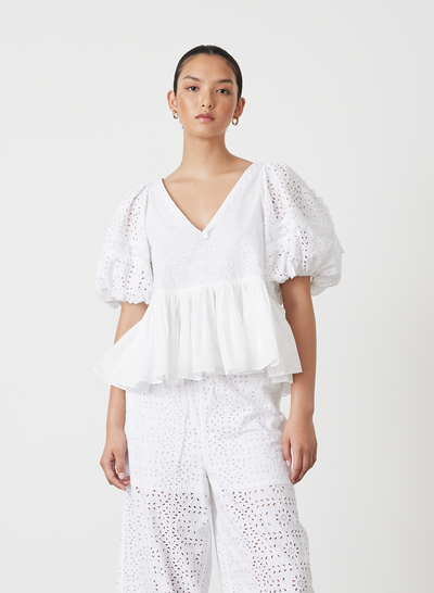 Karina Organic Cotton Broderie Smock Top | Optical White