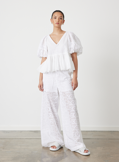 Sophia Organic Cotton Broderie Palazzo Pant | Optical White