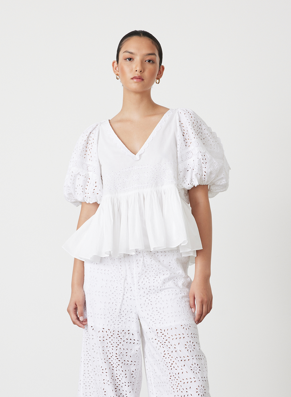 Karina Organic Cotton Broderie Smock Top | Optical White