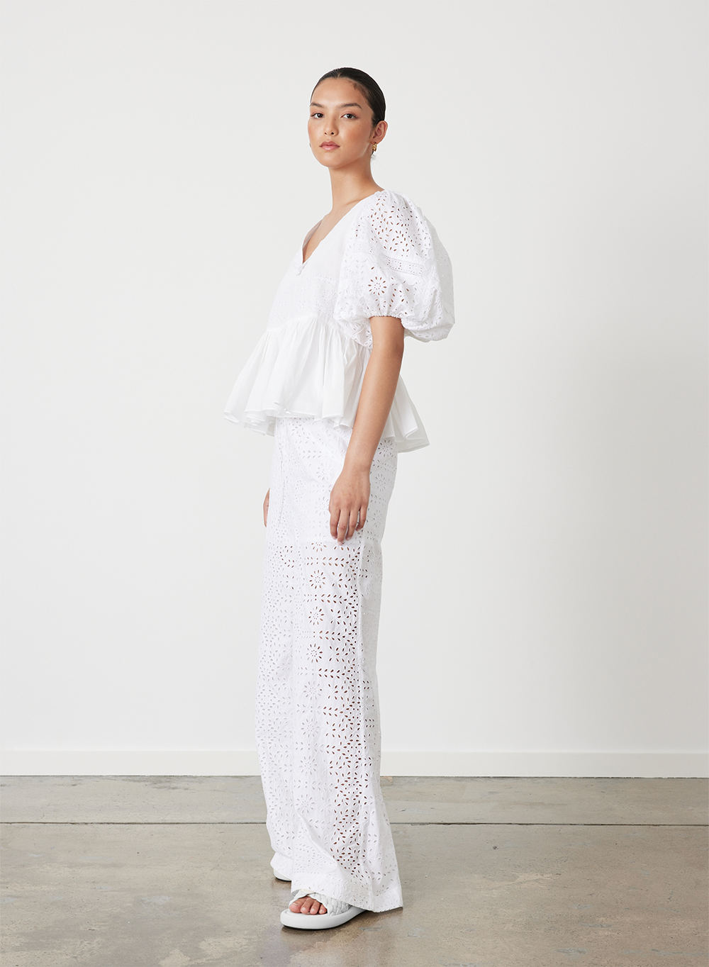 Sophia Organic Cotton Broderie Palazzo Pant | Optical White