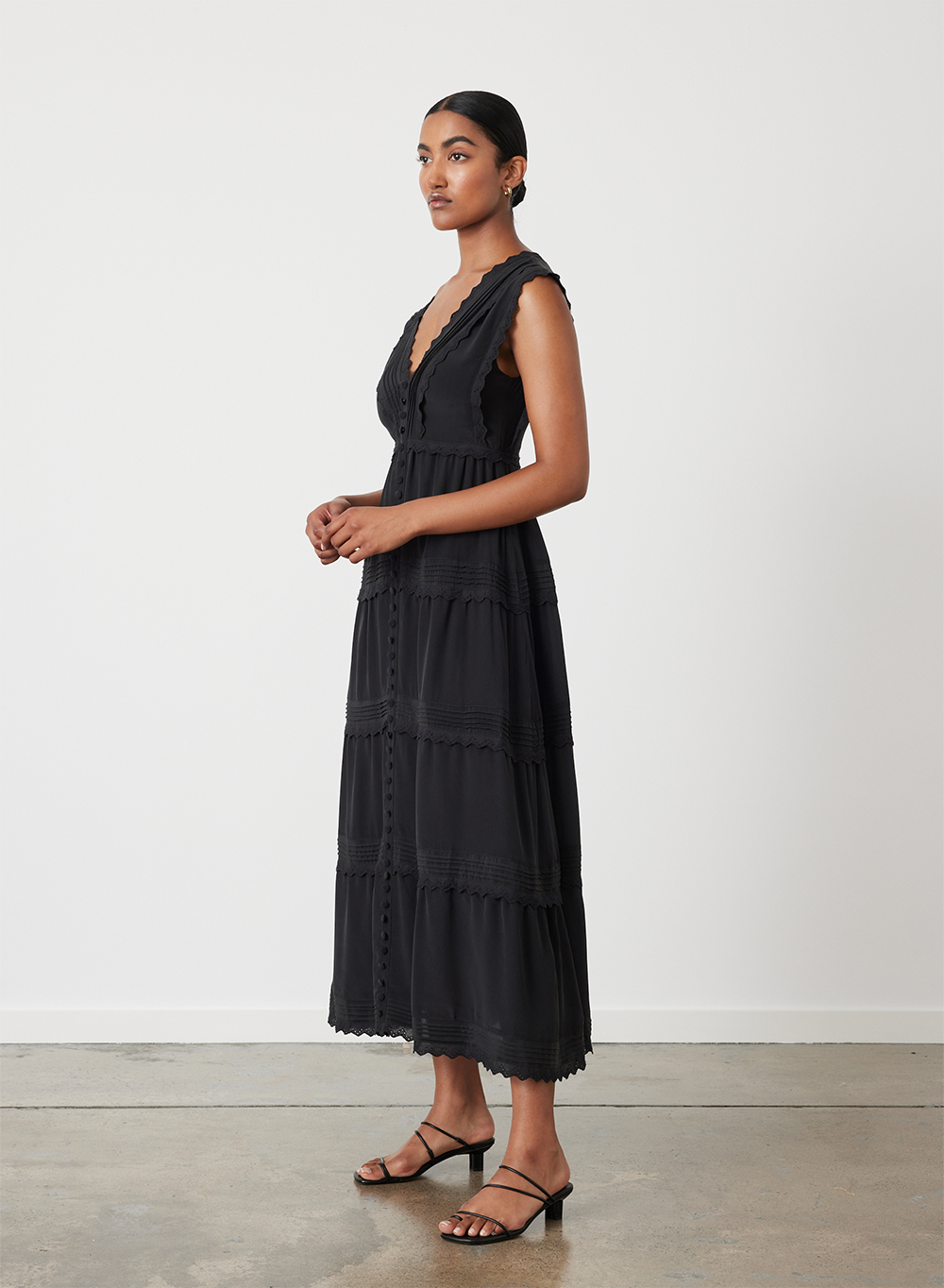 SASHA SILK MIDI DRESS | SANDWASH BLACK