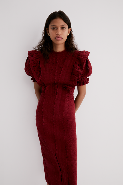 NADIYA ORGANIC COTTON BRODERIE MIDI DRESS | RHUBARB