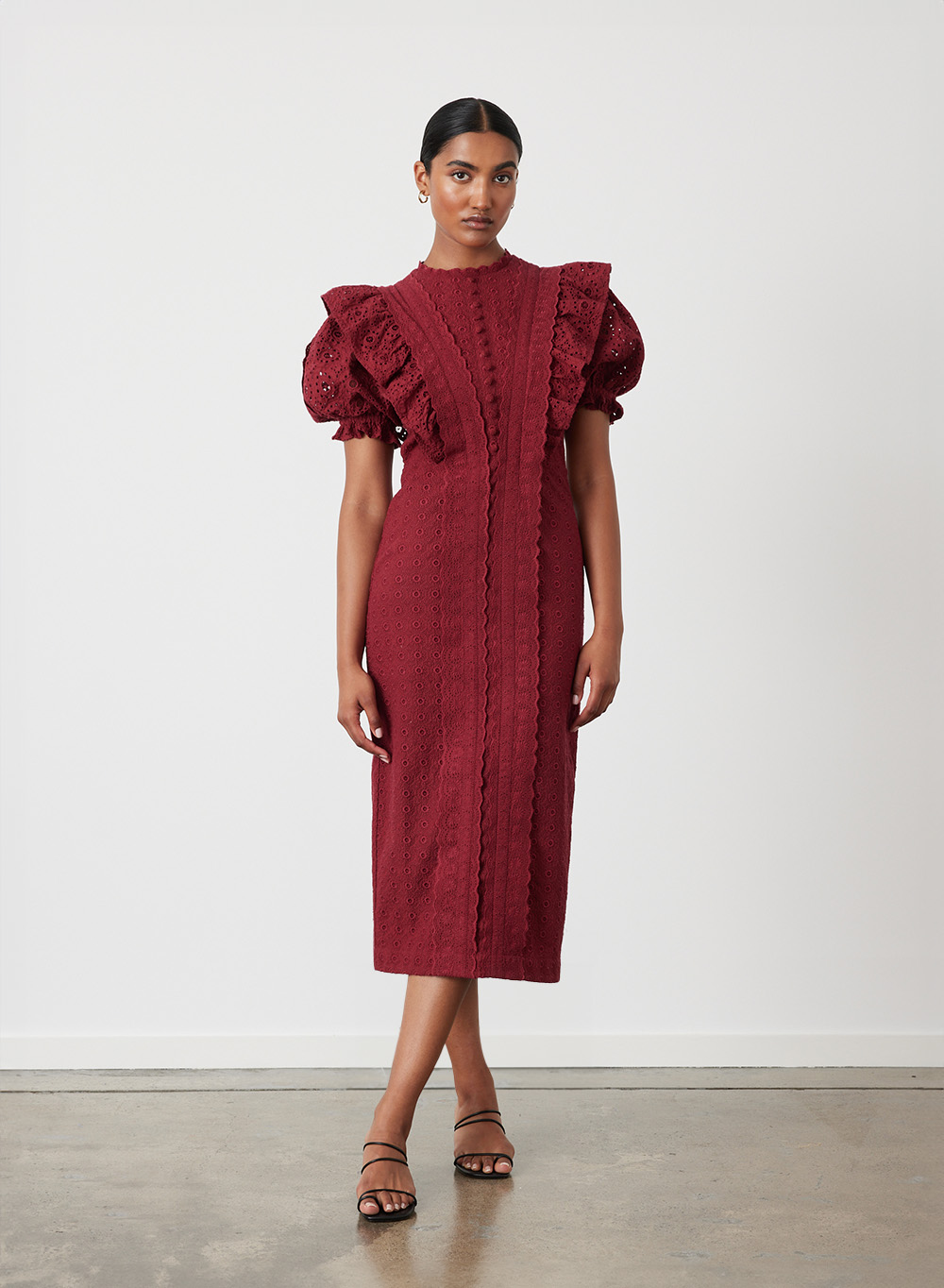 NADIYA ORGANIC COTTON BRODERIE MIDI DRESS | RHUBARB