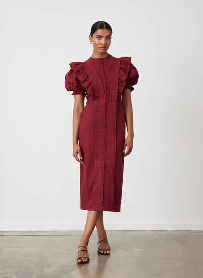 NADIYA ORGANIC COTTON BRODERIE MIDI DRESS | RHUBARB