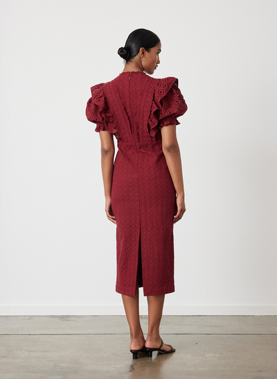NADIYA ORGANIC COTTON BRODERIE MIDI DRESS | RHUBARB