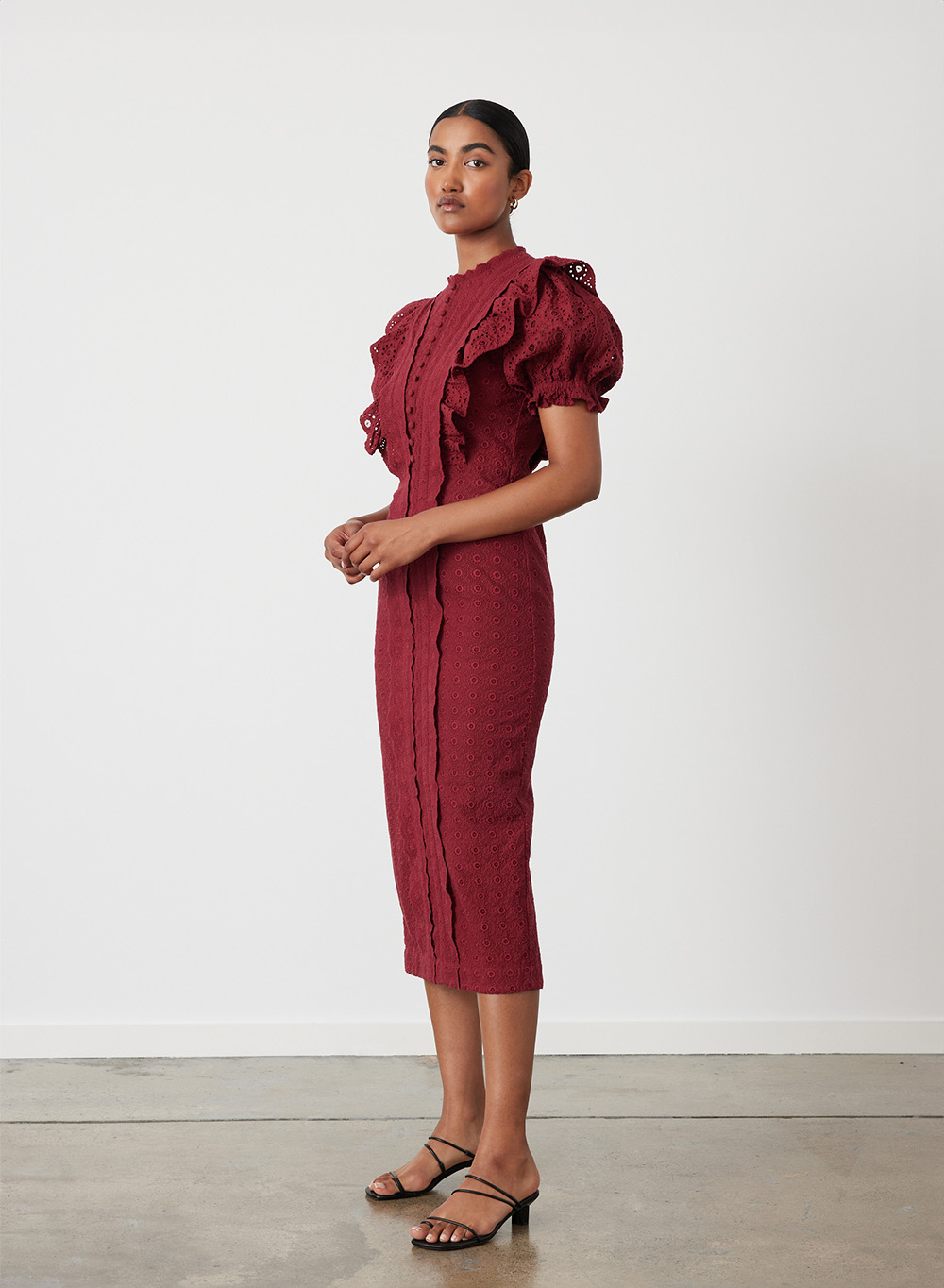 NADIYA ORGANIC COTTON BRODERIE MIDI DRESS | RHUBARB