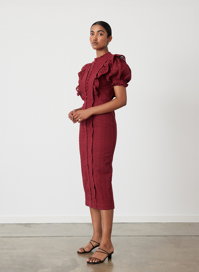NADIYA ORGANIC COTTON BRODERIE MIDI DRESS | RHUBARB