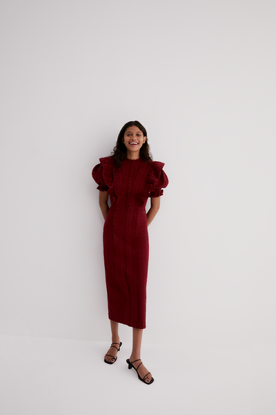 NADIYA ORGANIC COTTON BRODERIE MIDI DRESS | RHUBARB