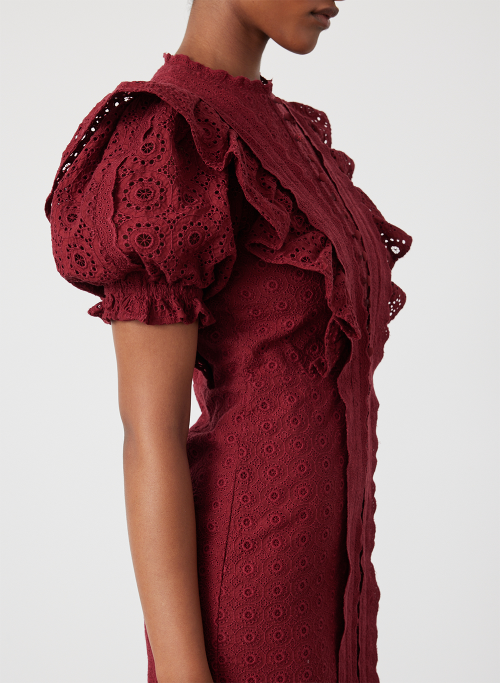 NADIYA ORGANIC COTTON BRODERIE MIDI DRESS | RHUBARB