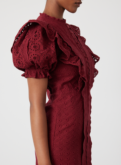 NADIYA ORGANIC COTTON BRODERIE MIDI DRESS | RHUBARB