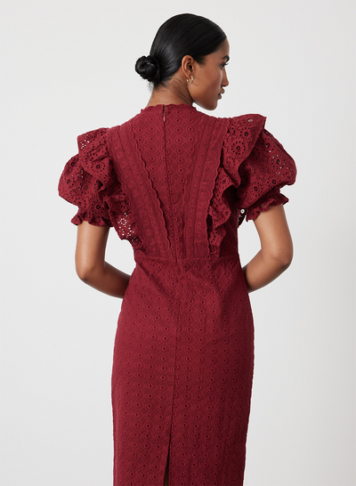 NADIYA ORGANIC COTTON BRODERIE MIDI DRESS | RHUBARB