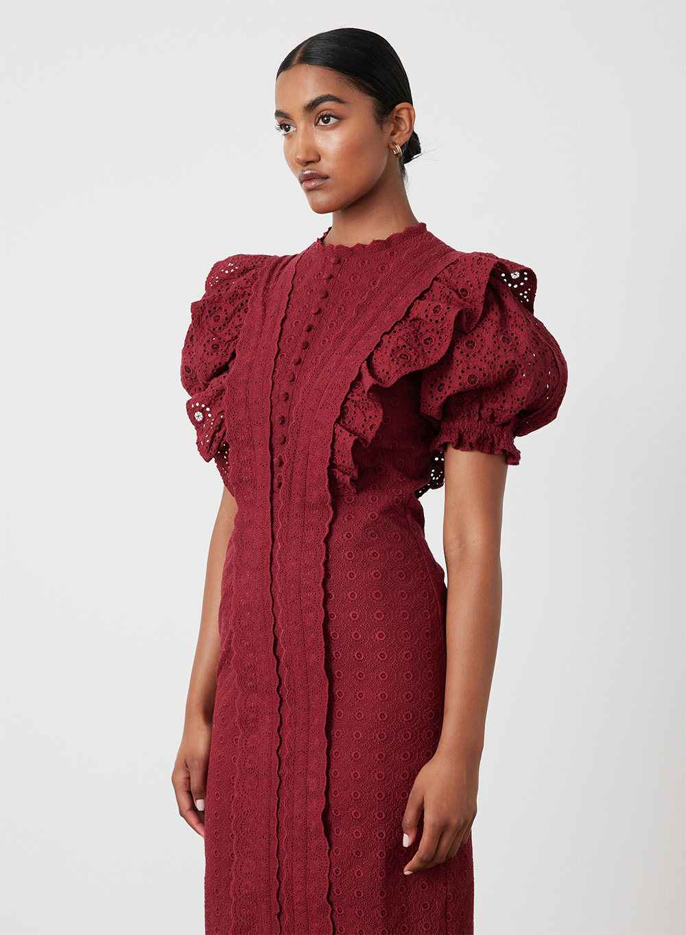 NADIYA ORGANIC COTTON BRODERIE MIDI DRESS | RHUBARB