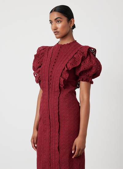 NADIYA ORGANIC COTTON BRODERIE MIDI DRESS | RHUBARB