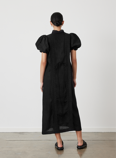 EMILIA LINEN COTTON BROIDERIE MIDI SHIRT DRESS | BLACK