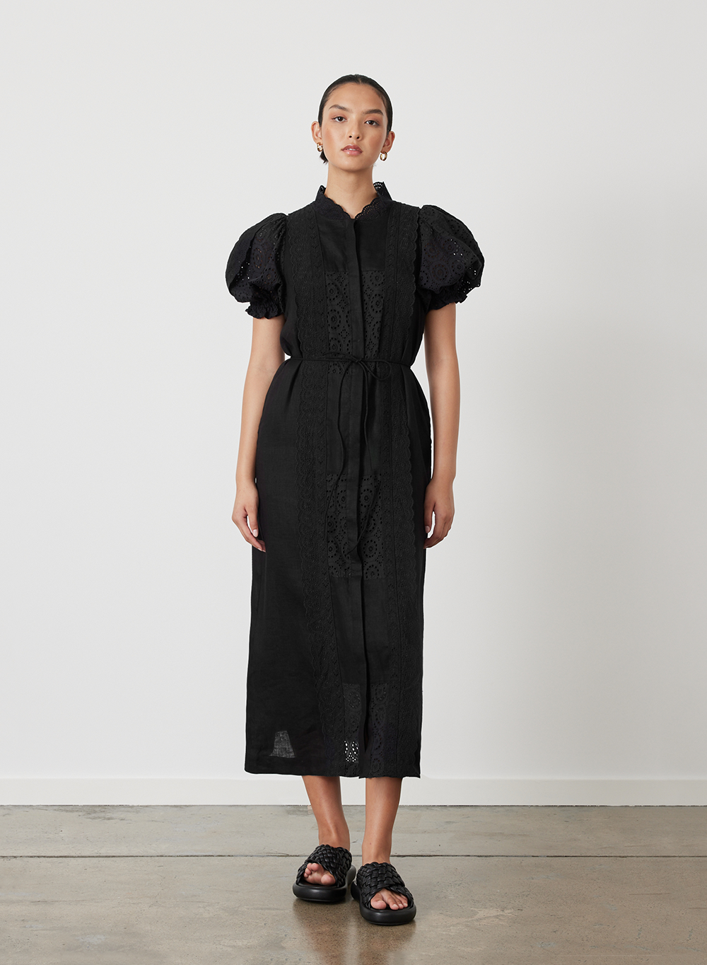 EMILIA LINEN COTTON BROIDERIE MIDI SHIRT DRESS | BLACK