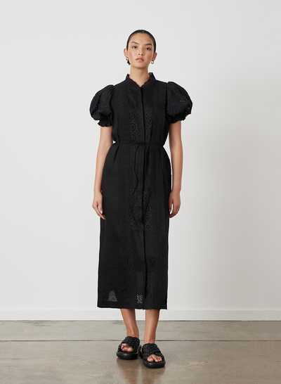 EMILIA LINEN COTTON BROIDERIE MIDI SHIRT DRESS | BLACK