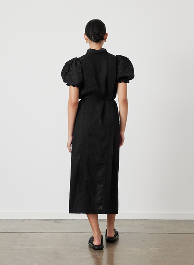 EMILIA LINEN COTTON BROIDERIE MIDI SHIRT DRESS | BLACK