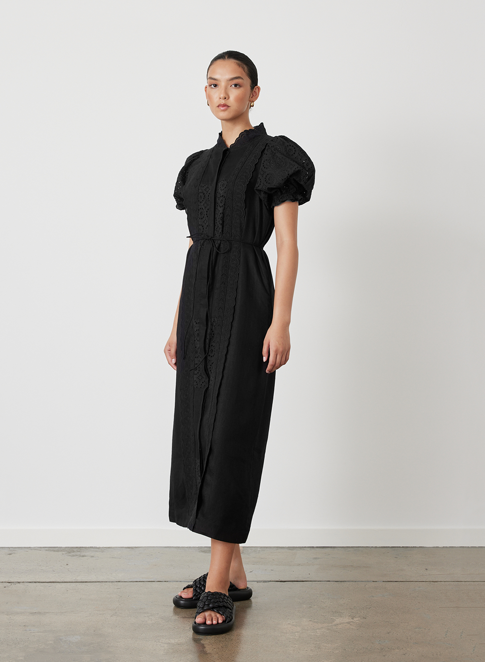 EMILIA LINEN COTTON BROIDERIE MIDI SHIRT DRESS | BLACK
