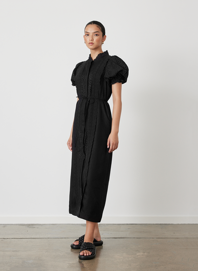 EMILIA LINEN COTTON BROIDERIE MIDI SHIRT DRESS | BLACK