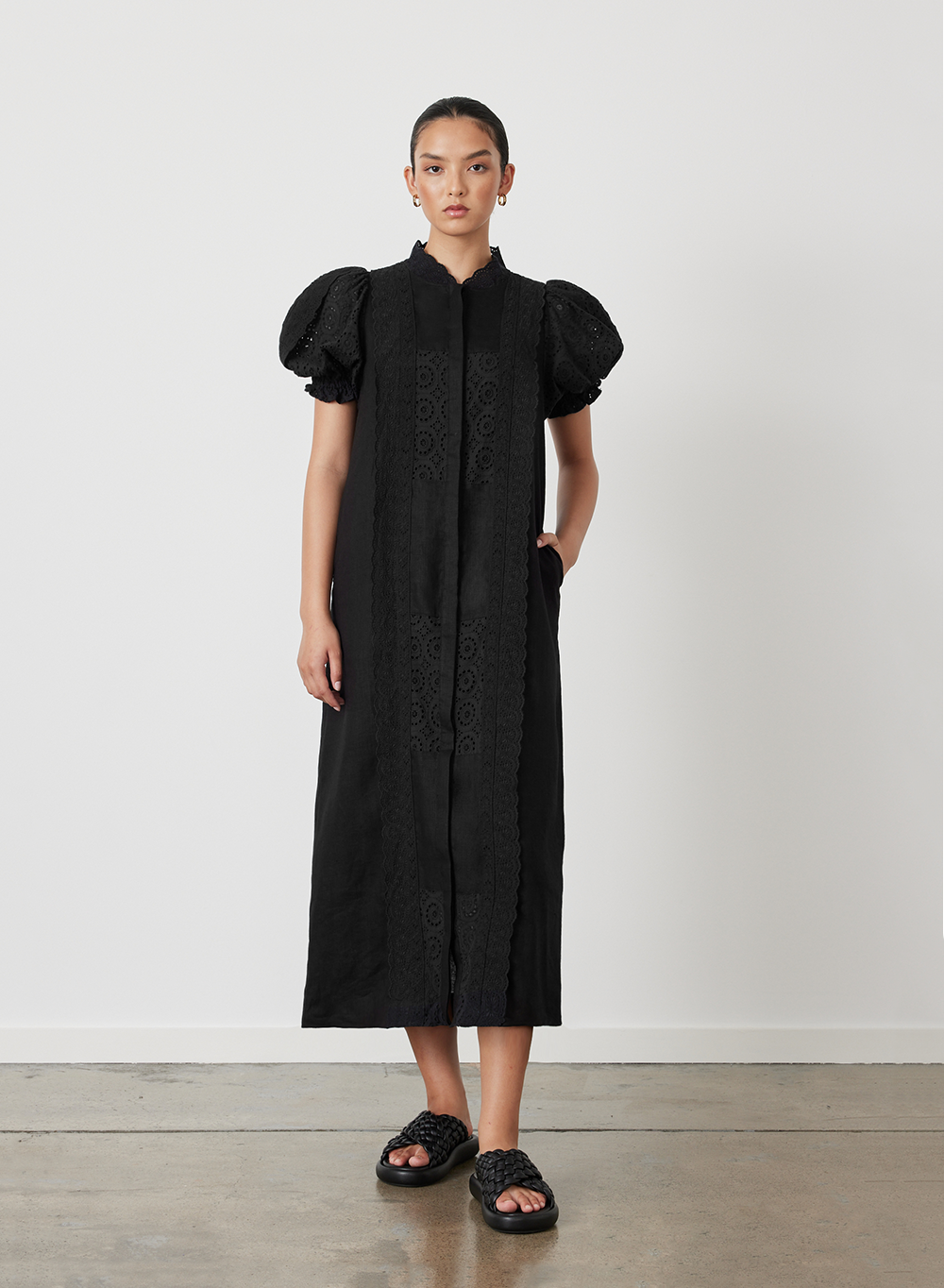 EMILIA LINEN COTTON BROIDERIE MIDI SHIRT DRESS | BLACK