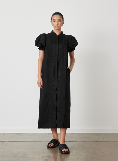 EMILIA LINEN COTTON BROIDERIE MIDI SHIRT DRESS | BLACK