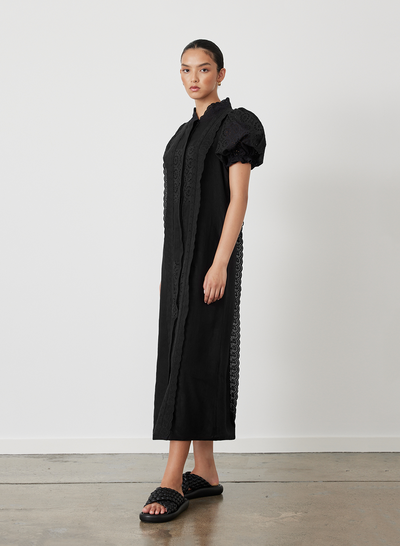 EMILIA LINEN COTTON BROIDERIE MIDI SHIRT DRESS | BLACK