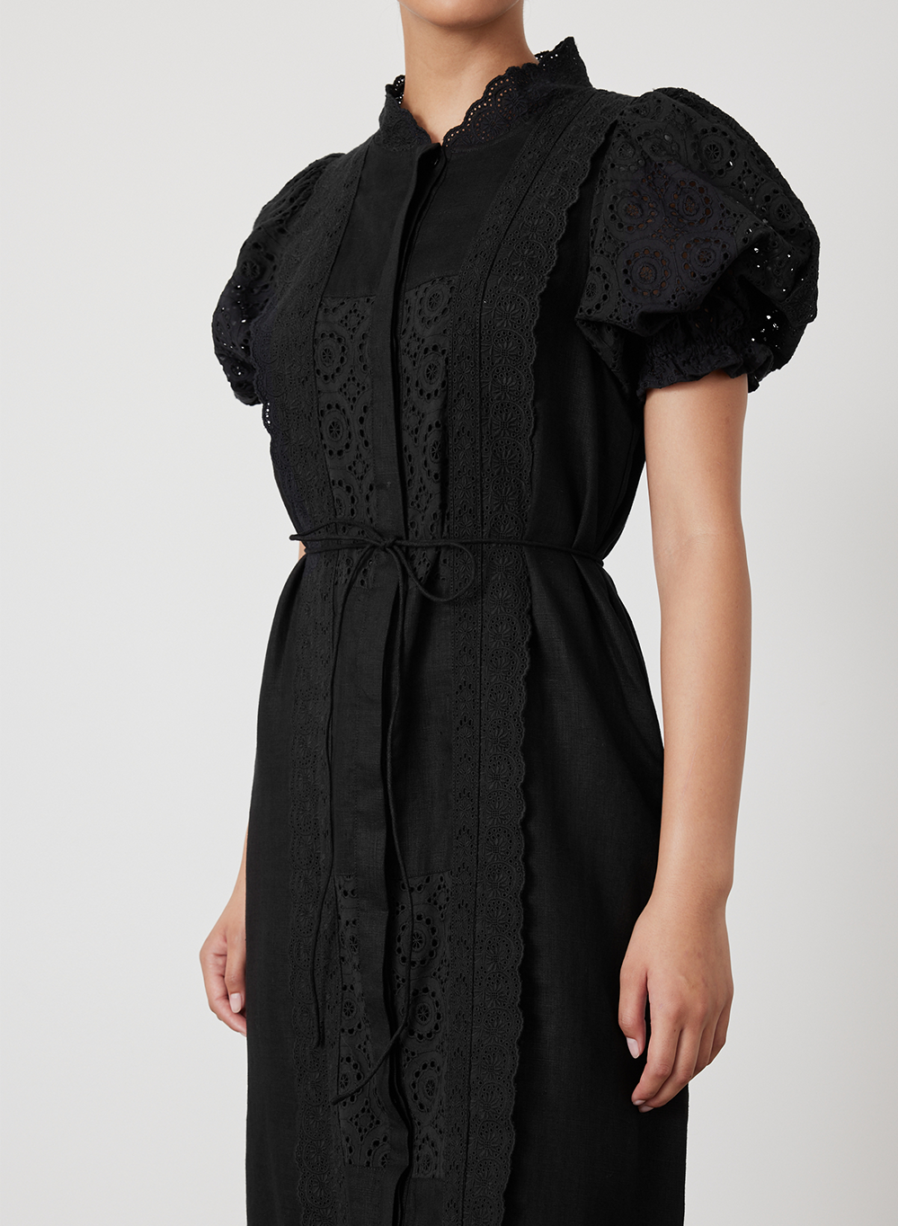 EMILIA LINEN COTTON BROIDERIE MIDI SHIRT DRESS | BLACK