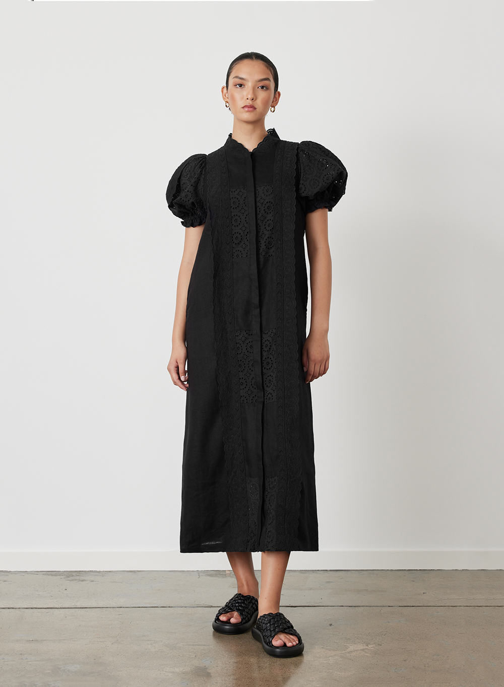 EMILIA LINEN COTTON BROIDERIE MIDI SHIRT DRESS | BLACK