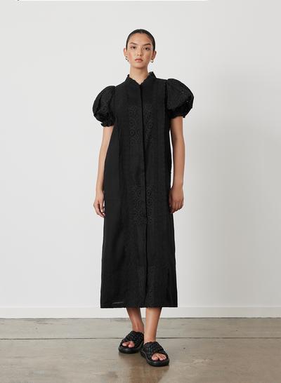 EMILIA LINEN COTTON BROIDERIE MIDI SHIRT DRESS | BLACK