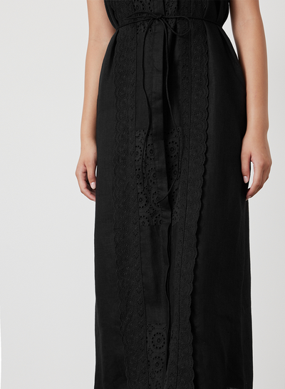 EMILIA LINEN COTTON BROIDERIE MIDI SHIRT DRESS | BLACK