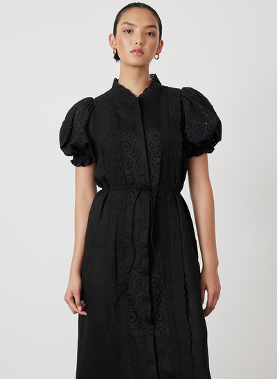 EMILIA LINEN COTTON BROIDERIE MIDI SHIRT DRESS | BLACK