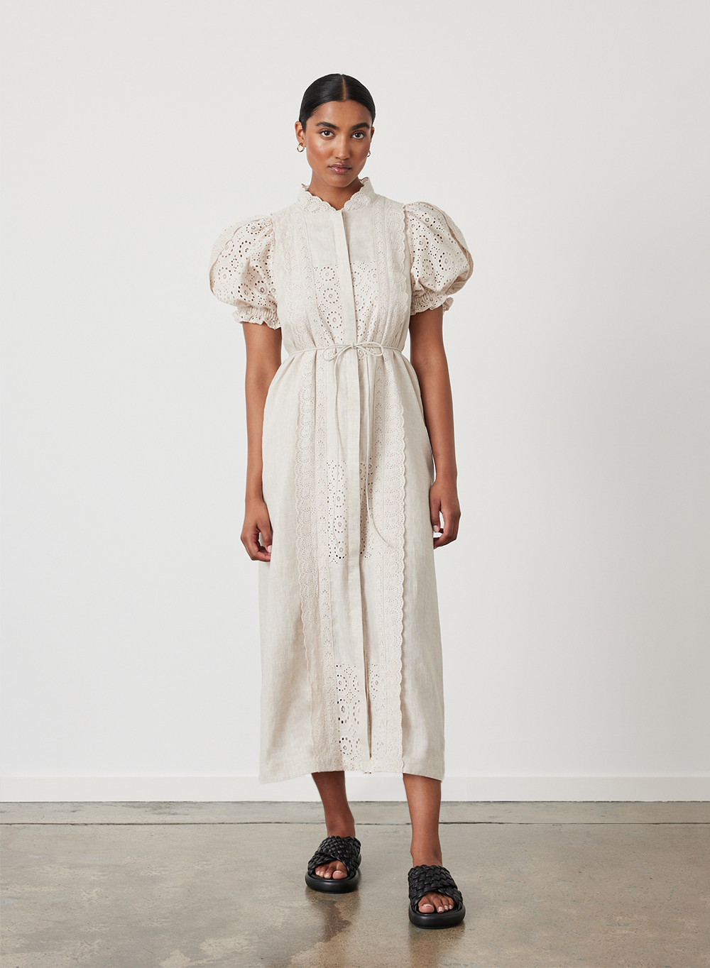 EMILIA LINEN COTTON BROIDERIE MIDI SHIRT DRESS | FLAX