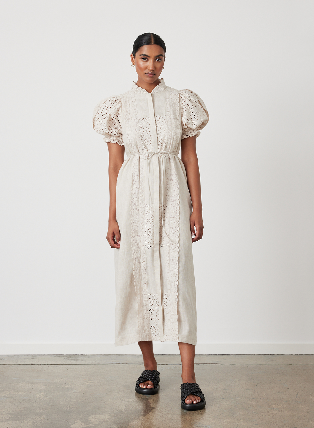 Emilia Linen Cotton Broderie Midi Shirt Dress | Flax
