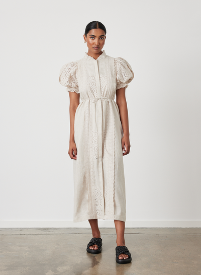EMILIA LINEN COTTON BROIDERIE MIDI SHIRT DRESS | FLAX