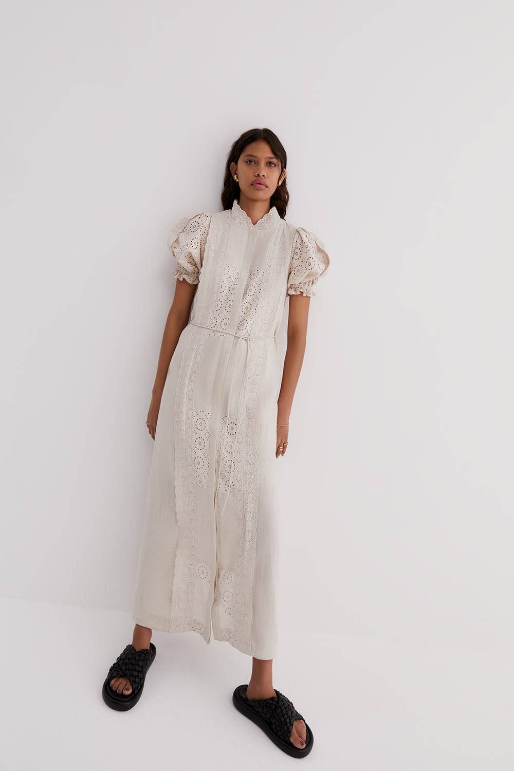 Emilia Linen Cotton Broderie Midi Shirt Dress | Flax