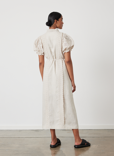EMILIA LINEN COTTON BROIDERIE MIDI SHIRT DRESS | FLAX