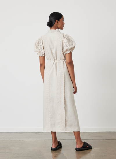 Emilia Linen Cotton Broderie Midi Shirt Dress | Flax