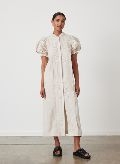 EMILIA LINEN COTTON BROIDERIE MIDI SHIRT DRESS | FLAX