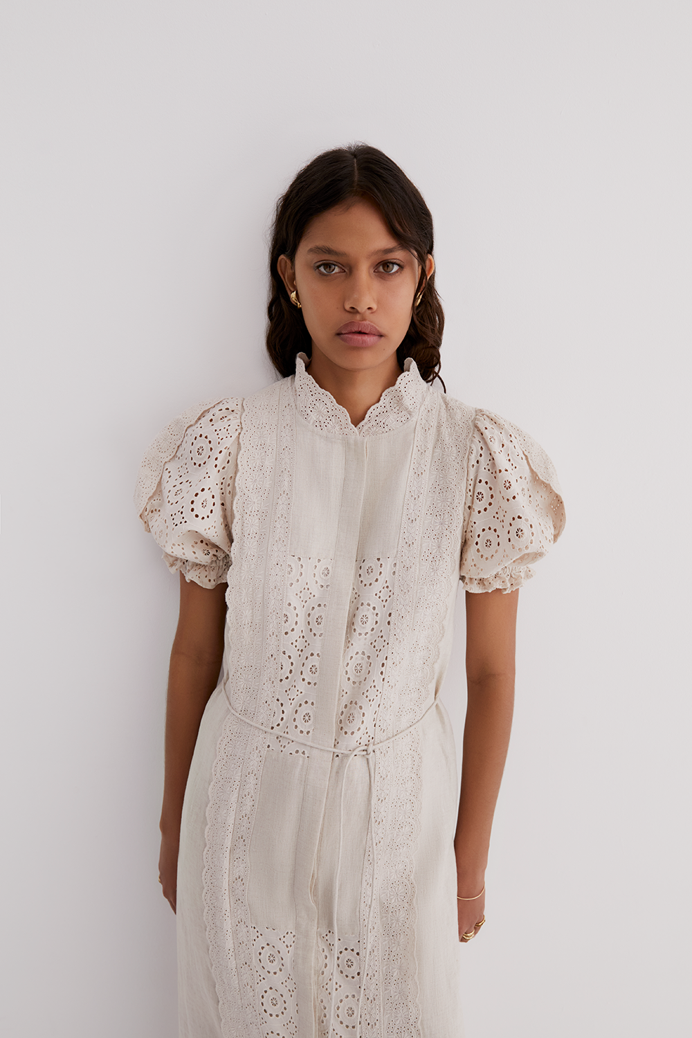 EMILIA LINEN COTTON BROIDERIE MIDI SHIRT DRESS | FLAX