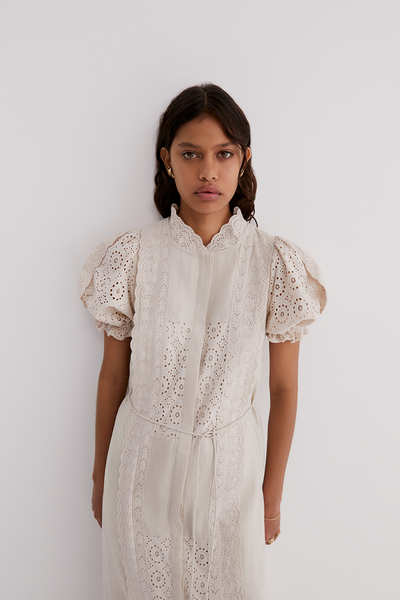 EMILIA LINEN COTTON BROIDERIE MIDI SHIRT DRESS | FLAX