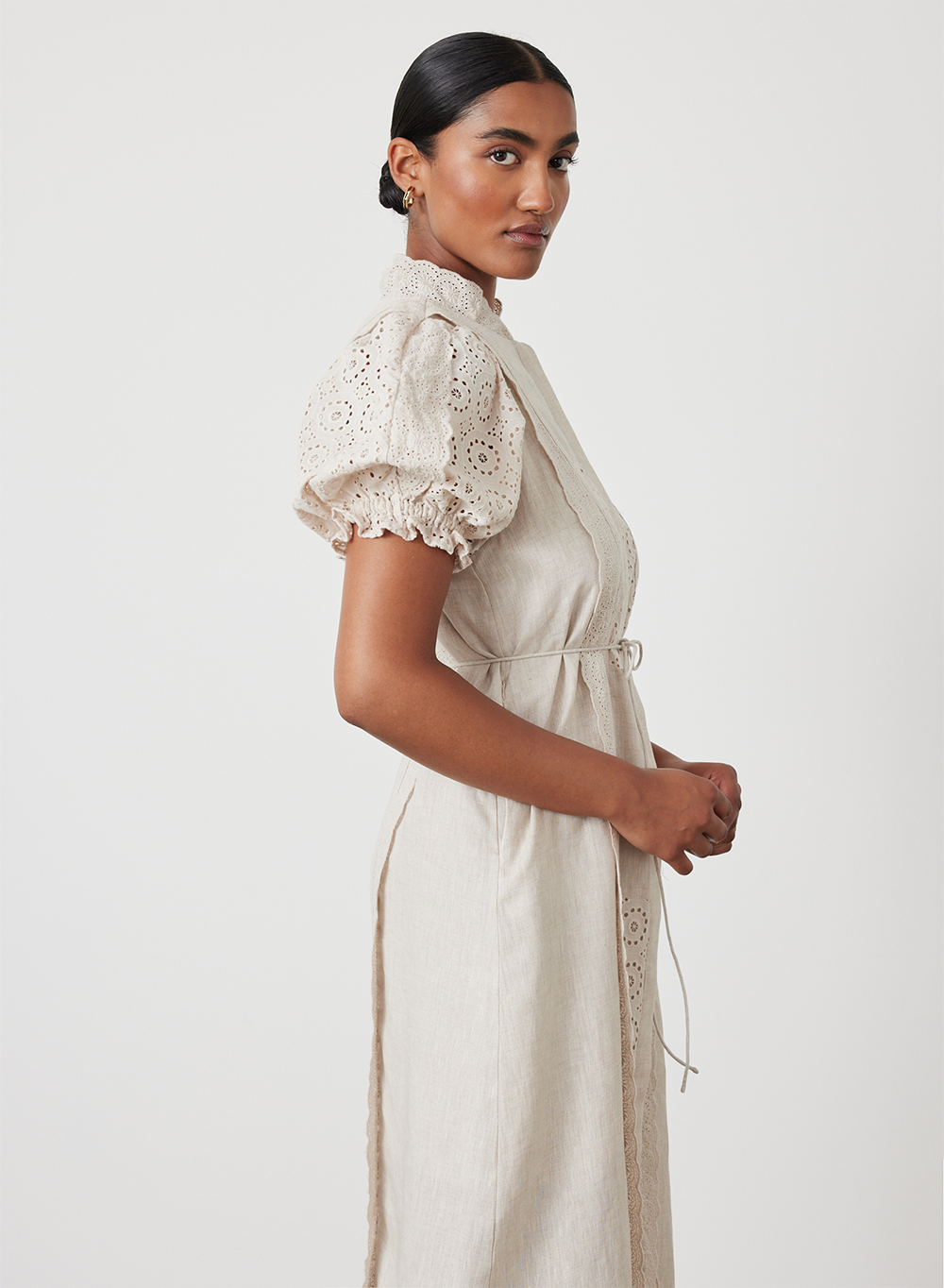 EMILIA LINEN COTTON BROIDERIE MIDI SHIRT DRESS | FLAX