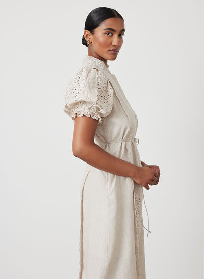 Emilia Linen Cotton Broderie Midi Shirt Dress | Flax