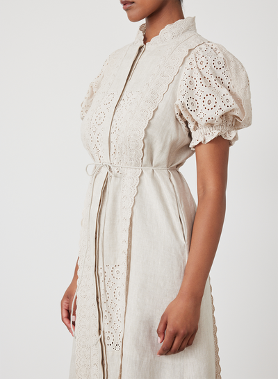 EMILIA LINEN COTTON BROIDERIE MIDI SHIRT DRESS | FLAX