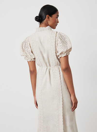 EMILIA LINEN COTTON BROIDERIE MIDI SHIRT DRESS | FLAX