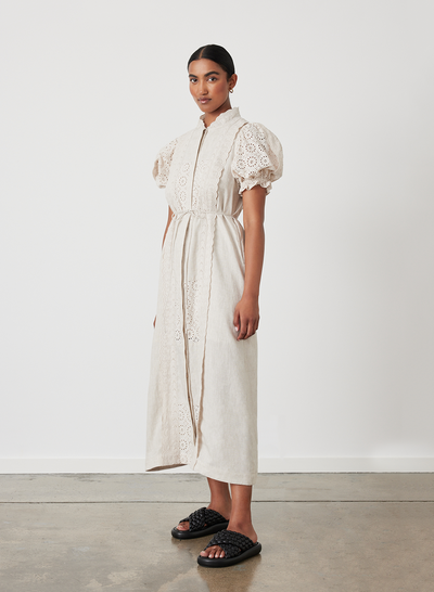 EMILIA LINEN COTTON BROIDERIE MIDI SHIRT DRESS | FLAX