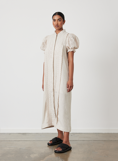 EMILIA LINEN COTTON BROIDERIE MIDI SHIRT DRESS | FLAX